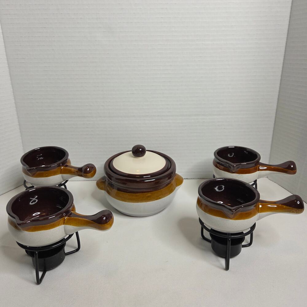 Vintage Gailstyn-Sutton Stoneware Mini Crocks, Bean Crock W/ Warmer Stands